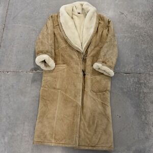 Vintage Tan Suede Shearling Coat Long Faux Fur Trim Toggle Jacket Tan Cream